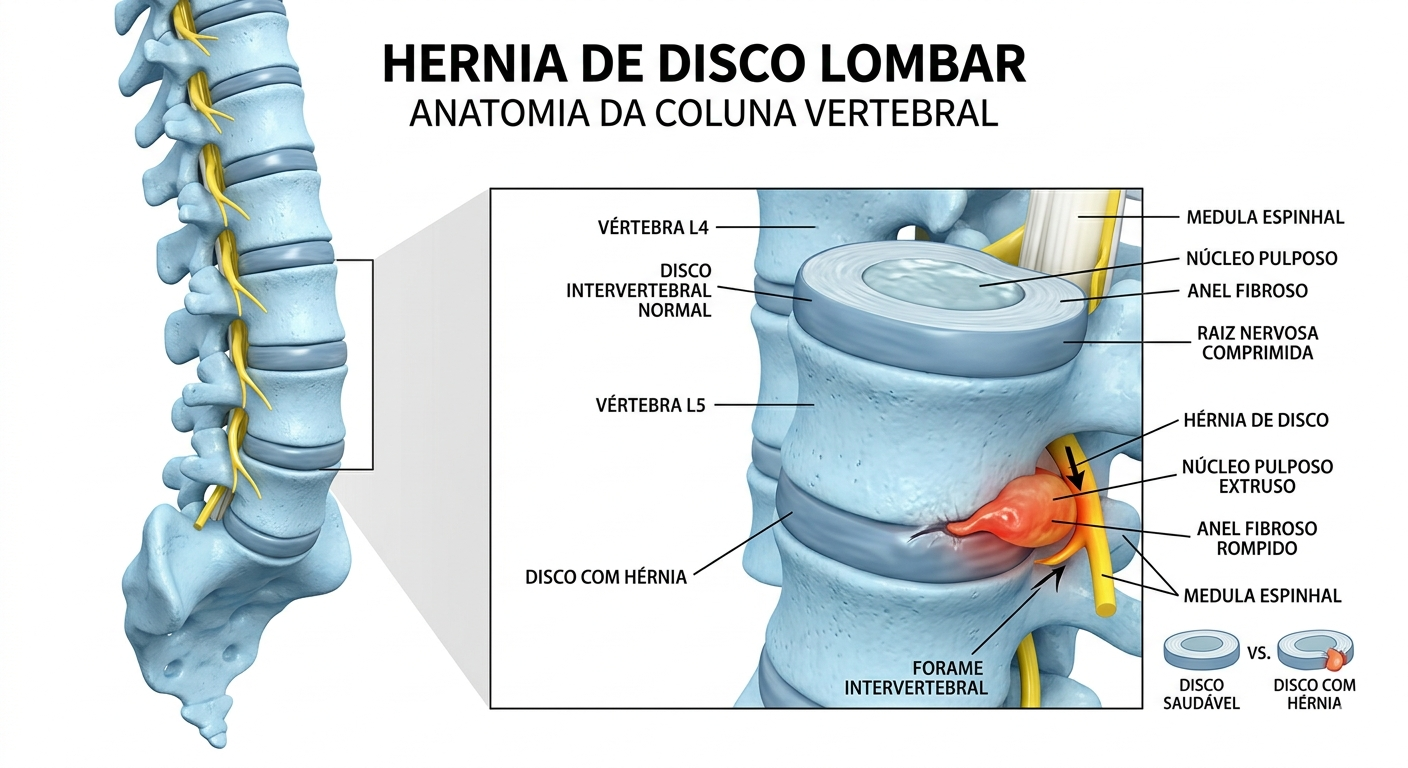 Ilustração de coluna vertebral mostrando uma hérnia de disco lombar