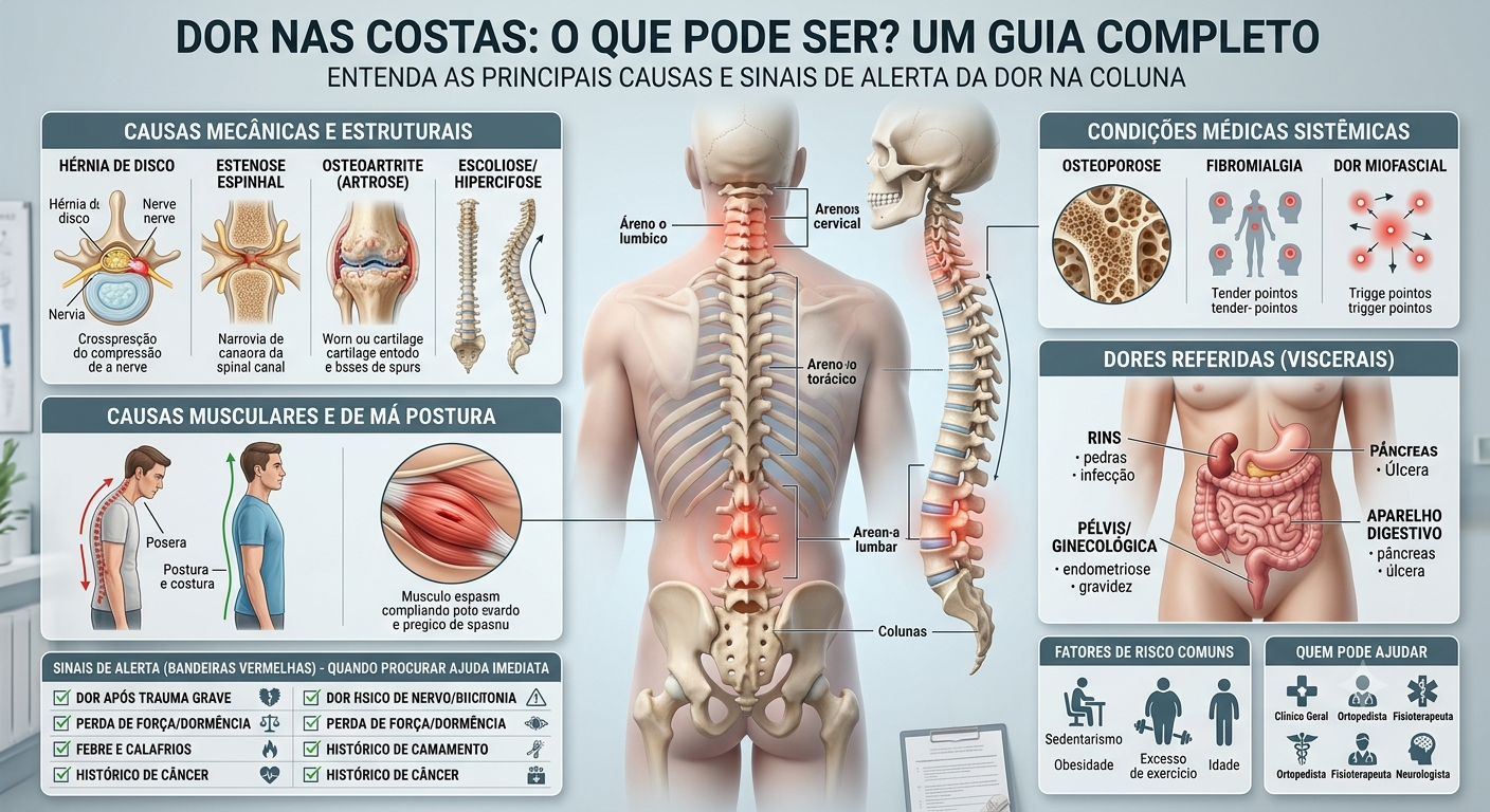 Infográfico: dor nas costas — causas mecânicas, musculares, sistêmicas, dores referidas e sinais de alerta
