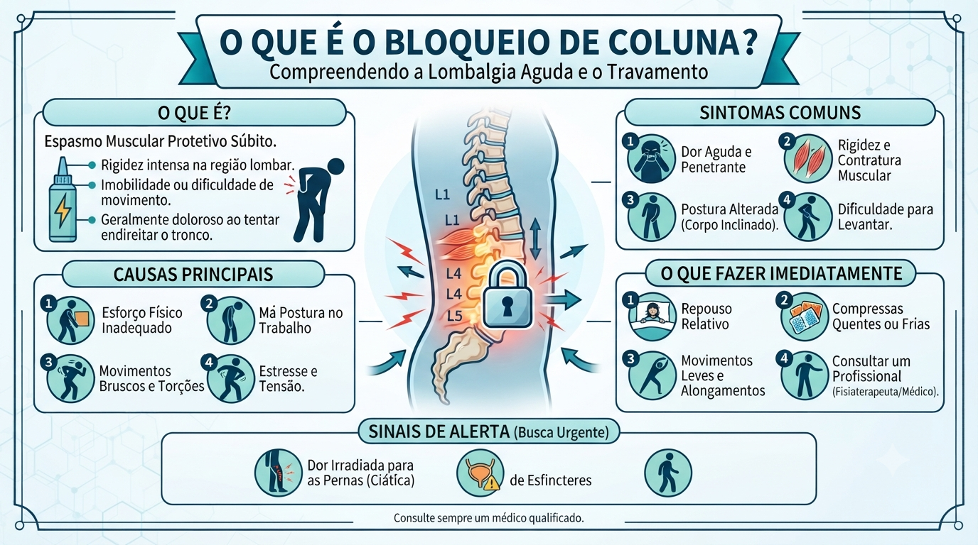 Infográfico sobre bloqueio de coluna: o que é, sintomas comuns, causas principais, o que fazer imediatamente e sinais de alerta