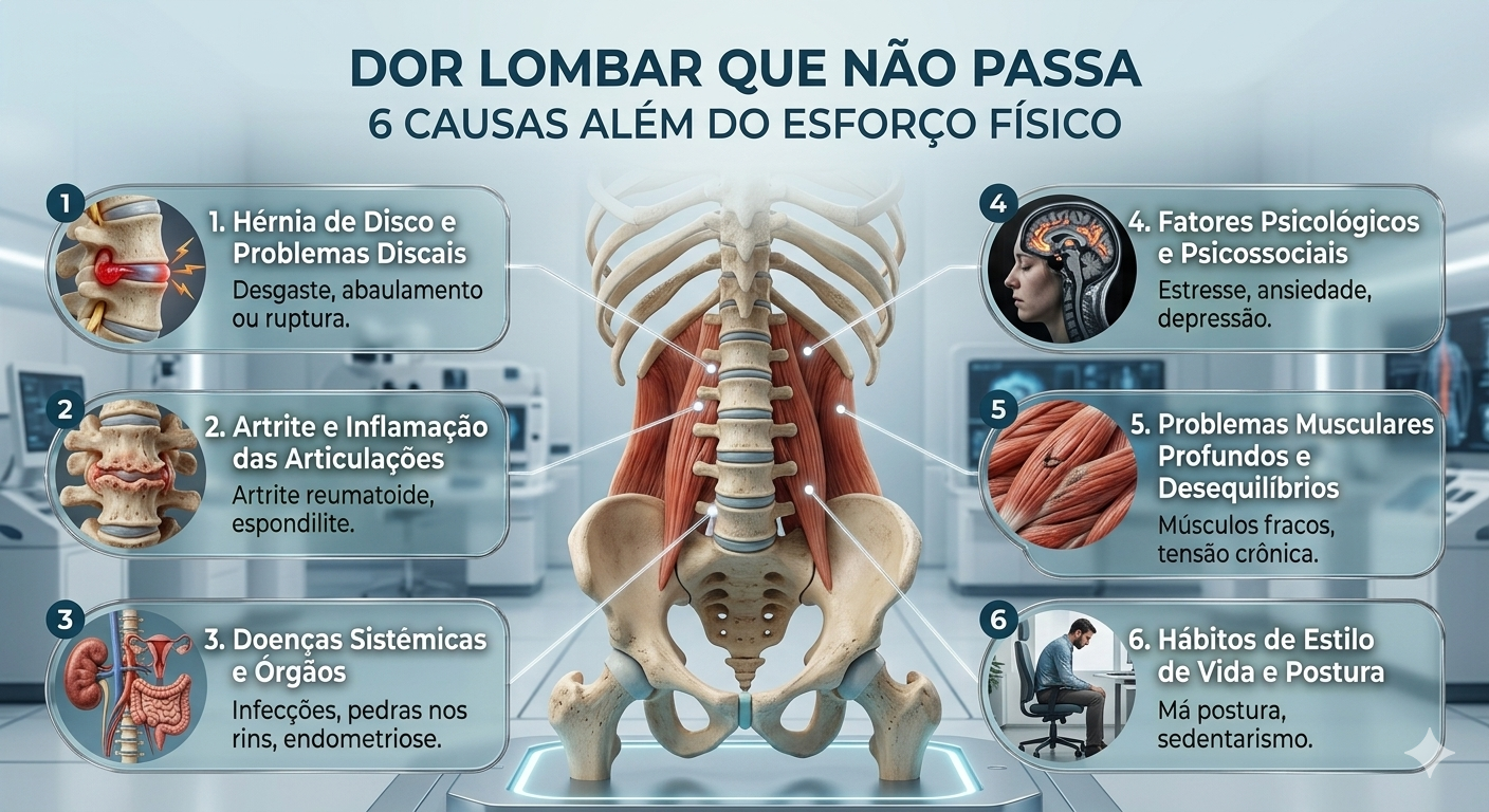 Infográfico com 6 causas de dor lombar persistente além do esforço físico: hérnia de disco, artrite, doenças sistêmicas, fatores psicológicos, problemas musculares e hábitos de postura