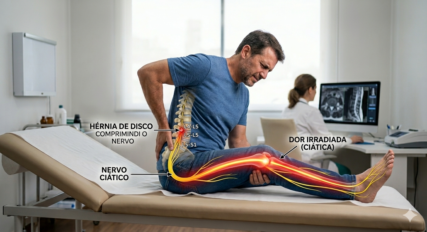 Ilustração do trajeto do nervo ciático descendo pela perna