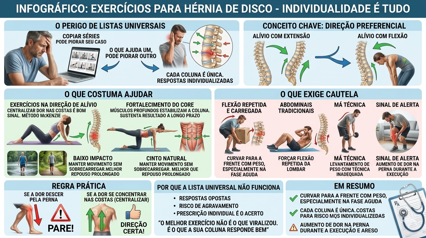 Infográfico sobre exercícios para hérnia de disco: direção preferencial, o que costuma ajudar, o que exige cautela e regra prática de centralização da dor