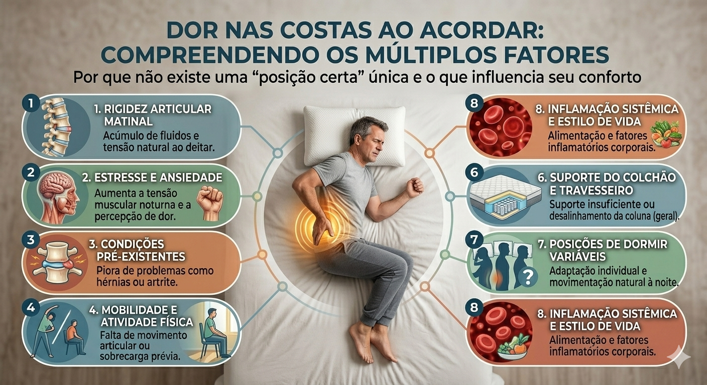 Infográfico: múltiplos fatores que influenciam a dor nas costas ao acordar, incluindo rigidez matinal, estresse, condições pré-existentes, mobilidade, colchão, posição de dormir e inflamação sistêmica