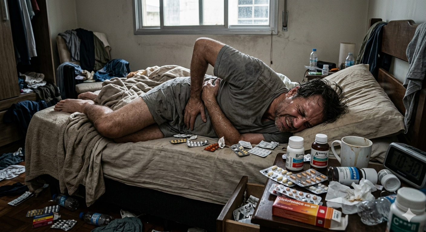 Homem deitado na cama com dor nas costas ao acordar