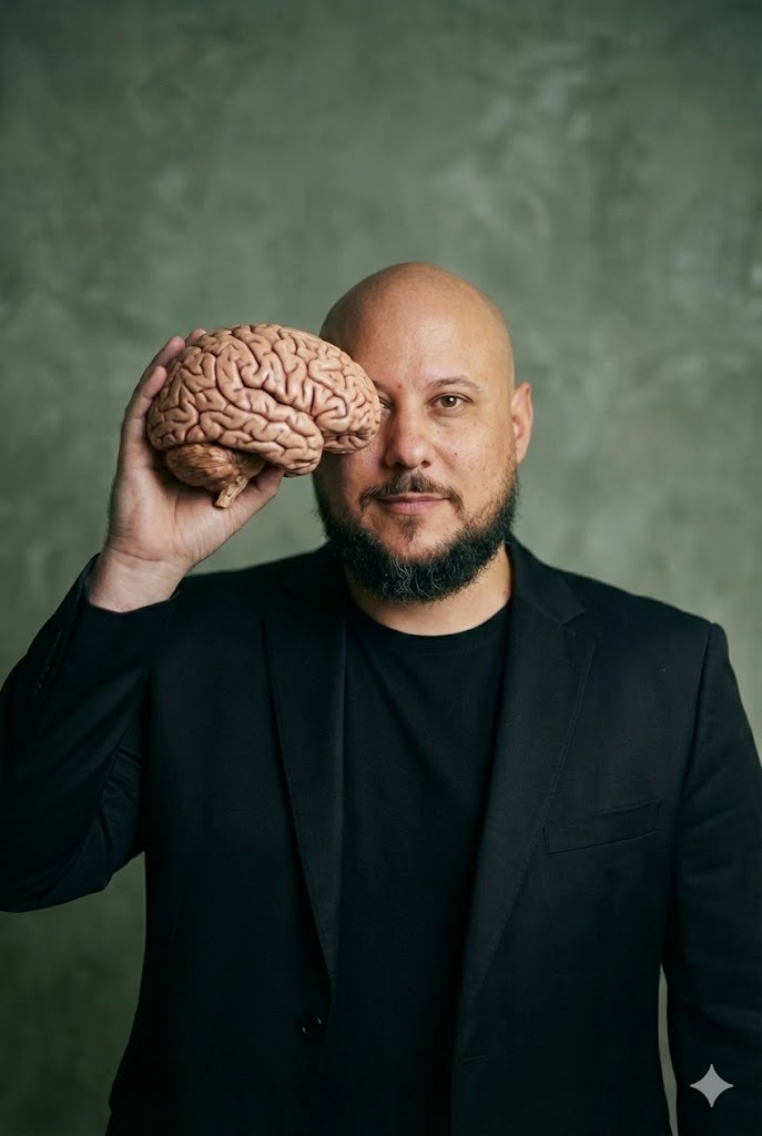 Dr. Aléssio Novais, fisioterapeuta, segurando um cérebro anatômico ao lado do rosto — representando a abordagem que vai à causa da dor