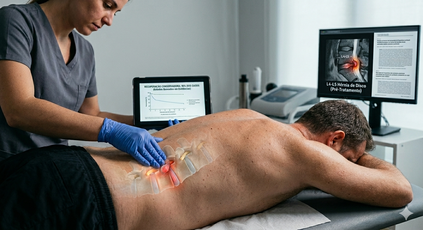 Fisioterapeuta tratando a coluna lombar de um paciente com hérnia de disco L4-L5, com gráfico de recuperação conservadora em 90% dos casos