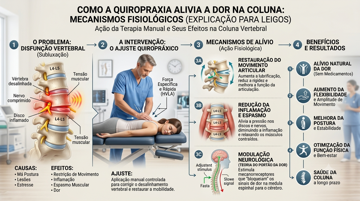 Infográfico explicando como a quiropraxia alivia a dor na coluna: disfunção vertebral, ajuste HVLA, mecanismos de alívio (restauração articular, redução de inflamação, modulação neurológica) e benefícios (alívio natural, flexibilidade, postura, função física, saúde da coluna a longo prazo)