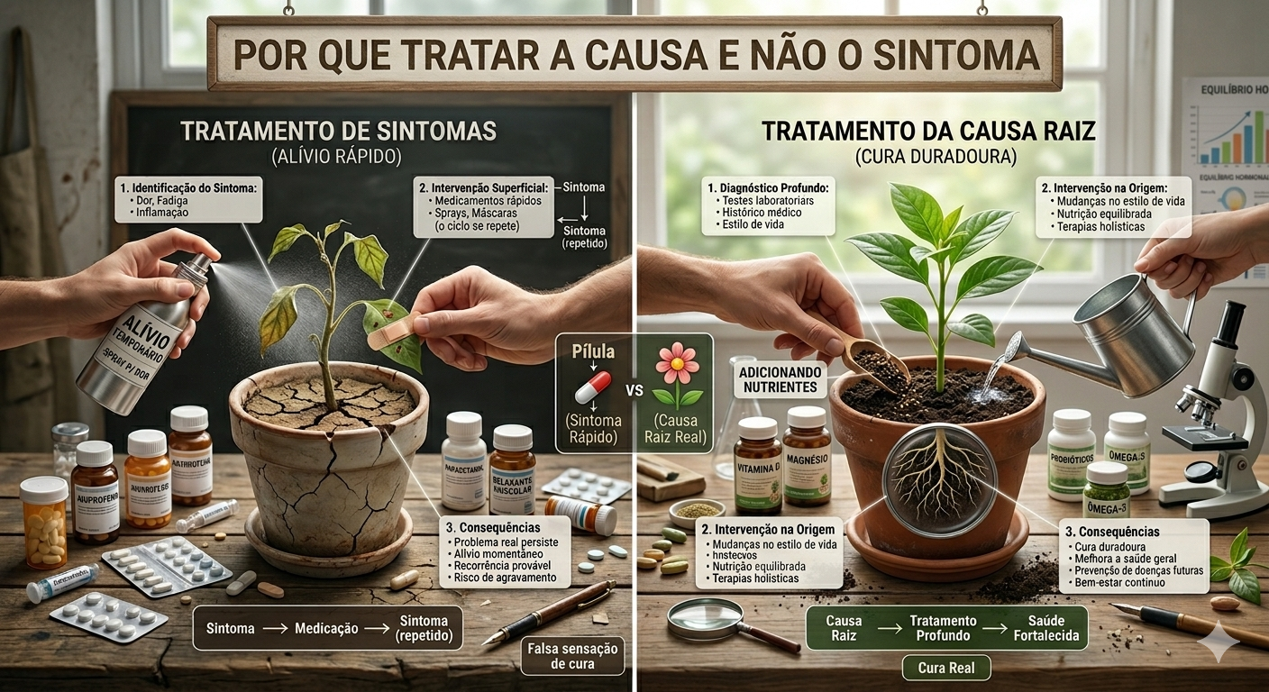 Infográfico comparando tratamento de sintomas (alívio rápido) com tratamento da causa raiz (cura duradoura), usando a analogia de uma planta murcha tratada com spray versus uma planta saudável com nutrição e cuidado da raiz