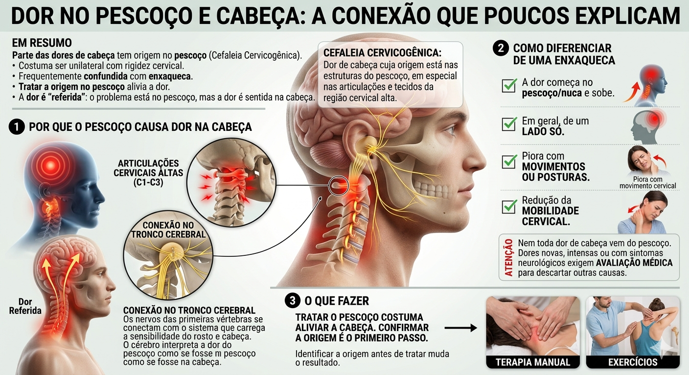 Infográfico sobre cefaleia cervicogênica: por que o pescoço causa dor na cabeça, conexão no tronco cerebral, como diferenciar de uma enxaqueca e o que fazer