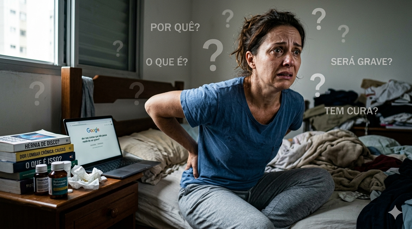 Mulher sentada na cama com a mão nas costas e expressão de dúvida, cercada por perguntas sobre dor lombar