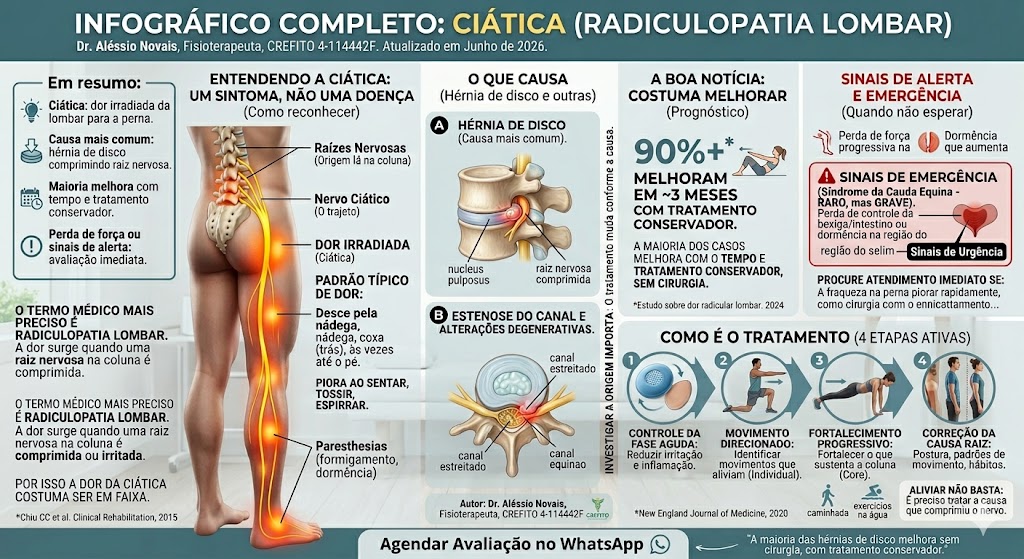 Infográfico completo sobre ciática (radiculopatia lombar): resumo, como reconhecer, causas, prognóstico (90%+ melhoram em ~3 meses), sinais de alerta e as 4 etapas do tratamento conservador