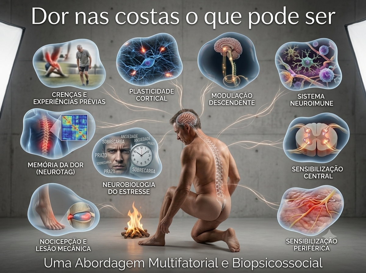 Infográfico multifatorial e biopsicossocial da dor nas costas